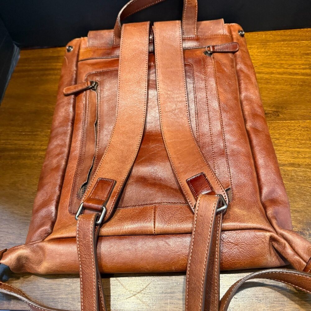Brown Leather Slim Backpack Rucksack Academia Bookbag Antiqued Brass - Picture 8 of 9